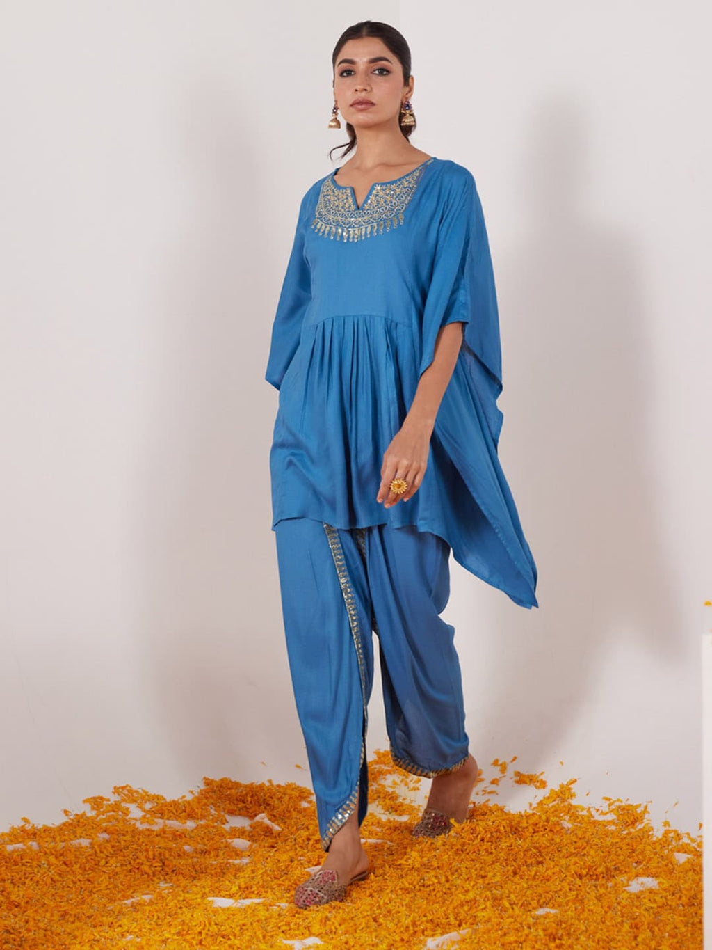 HERE&NOW Floral Embroidered Sequined Kaftan Kurti with Dhoti Pants