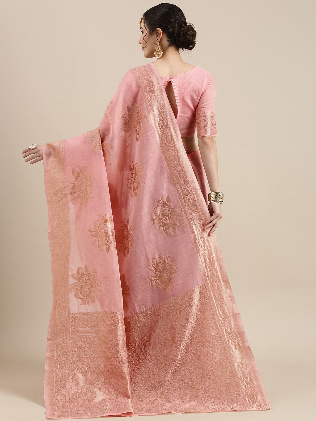 Saree Mall Pink Floral Linen Blend Banarasi Saree