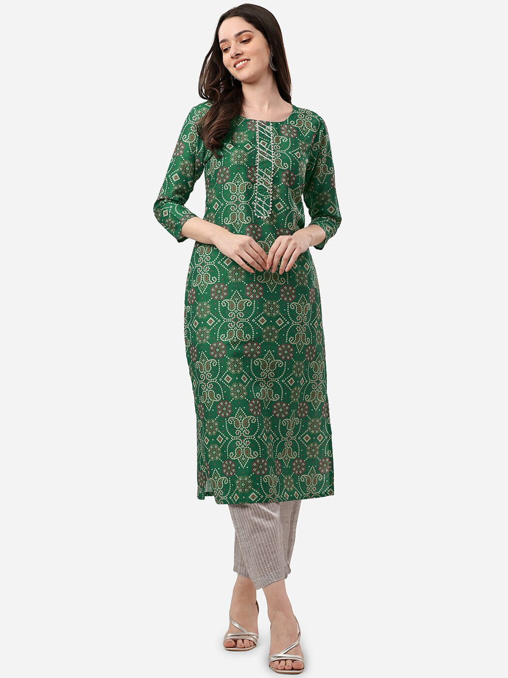 HERE&NOW Women Green Bandhani Printed Gotta Patti Pure Silk Kurta with Trousers
