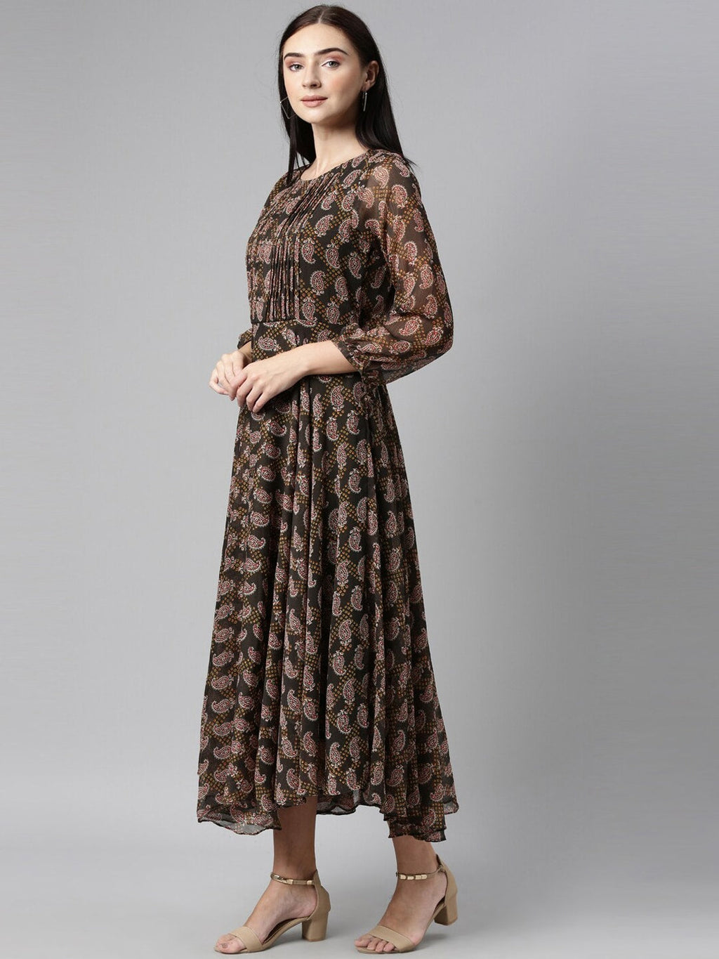 Souchii Olive Green & Red Ethnic Motifs Printed Chiffon A-Line Maxi Dress