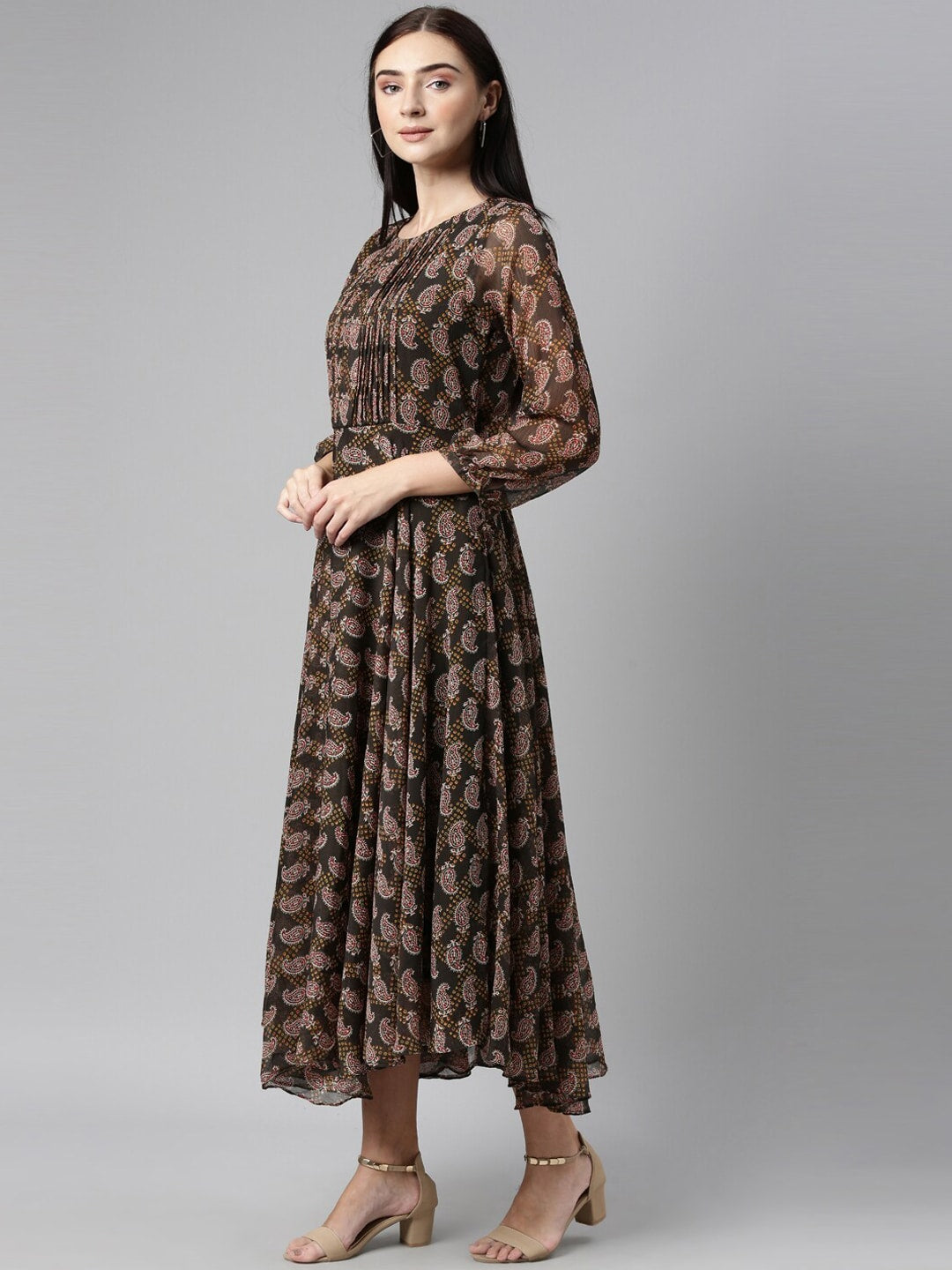 Souchii Olive Green & Red Ethnic Motifs Printed Chiffon A-Line Maxi Dress