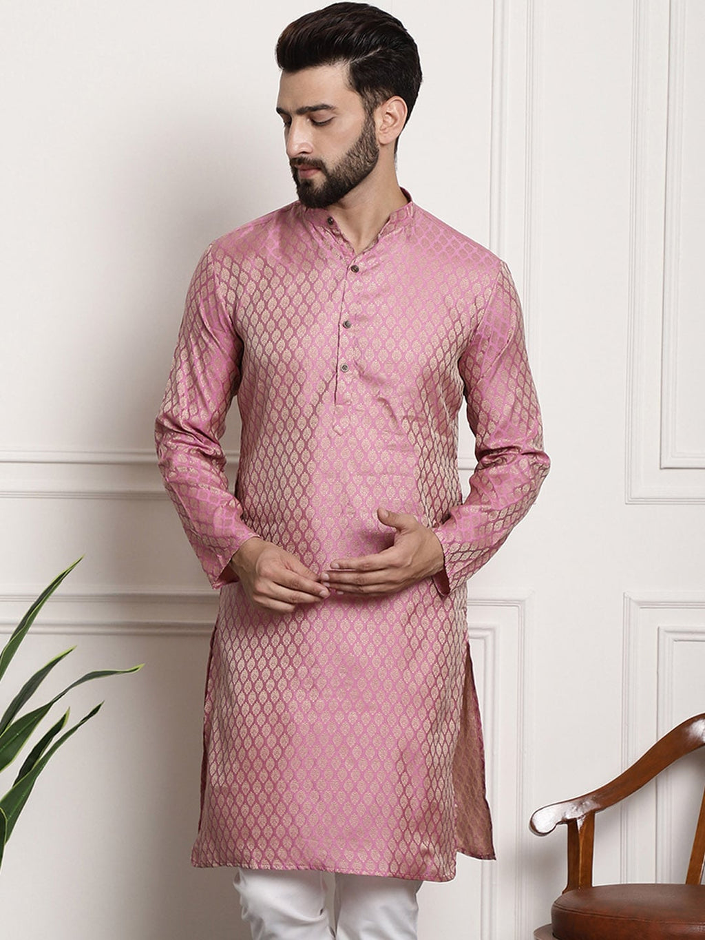 Sojanya Woven Design Mandarin Collar Silk Cotton Kurta