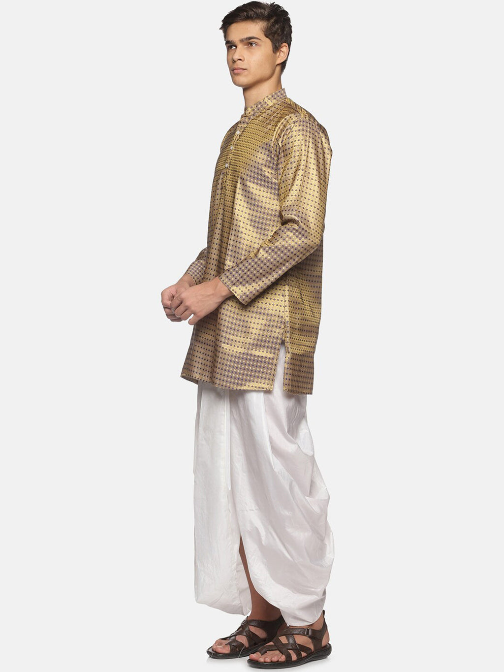 Sethukrishna Men Gold-Toned Bandhani Printed Art Silk Kurta with Dhoti Pants