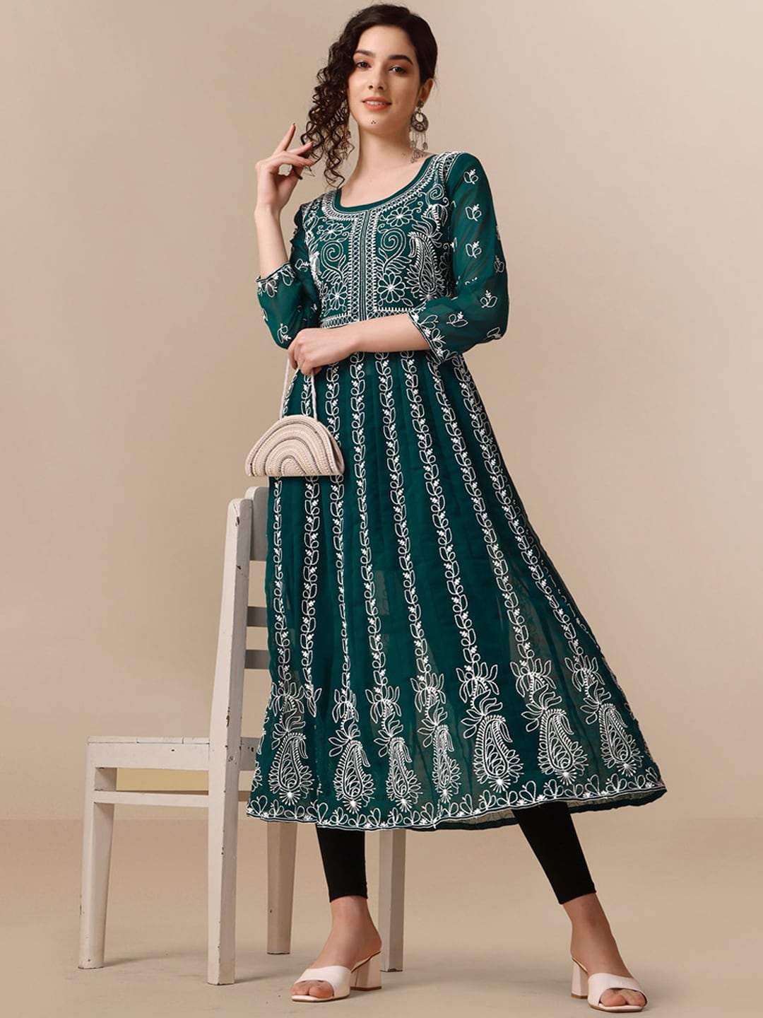 HERE&NOW Paneled Floral Embroidered Georgette Anarkali Kurta