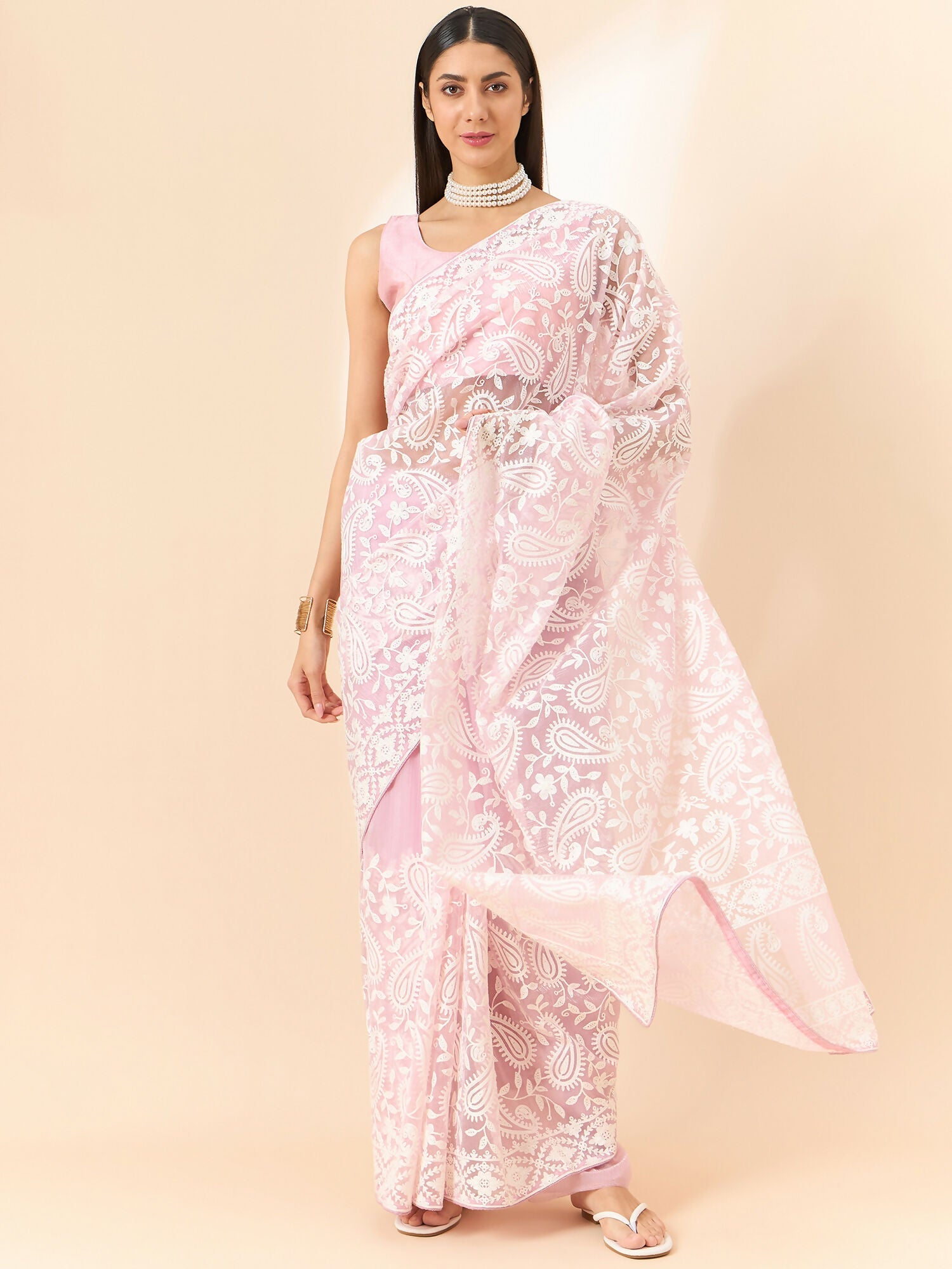Purple Organza Paisely Embroidered Saree with Unstitched Blouse Piece - Roozal