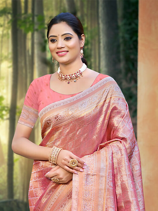Sangam Prints Pastel Pink Kanjivaram Silk Woven Work Traditional Saree