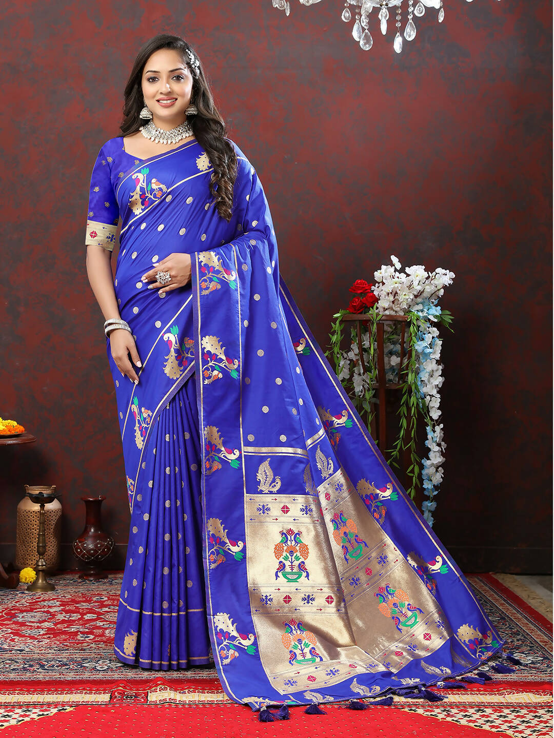 Lorenvalley Fashion Blue Soft Paithani Silk Woven Design Gold Zari Meenakari Weaving Saree