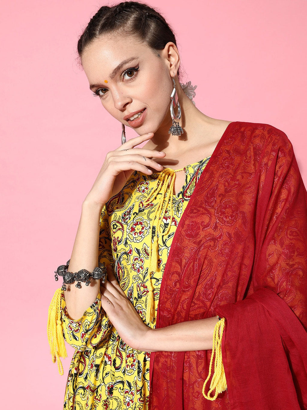 HERE&NOW Yellow & Red Ethnic Motifs Print Parade Anarkali Kurta with Trousers & Dupatta