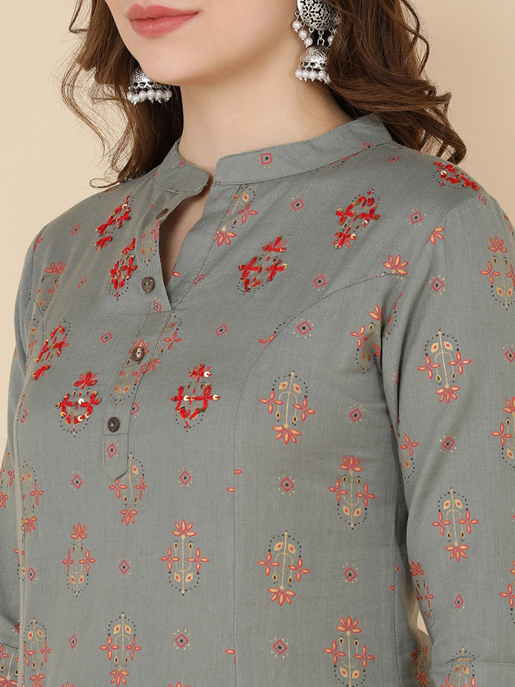 HERE&NOW Women Grey Ethnic Motifs Printed Gotta Patti Kurta with Trouser & Dupatta