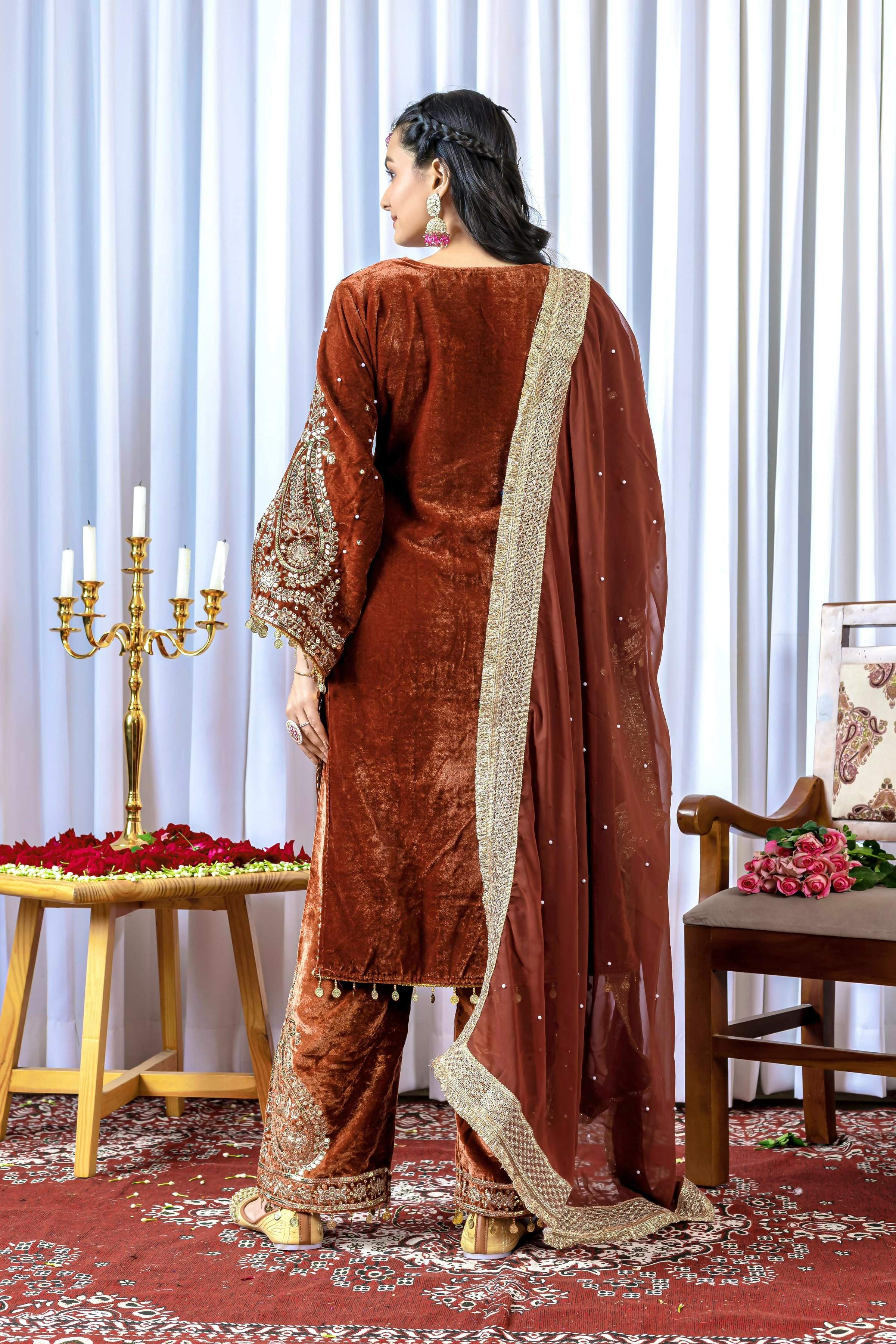 Joban Fashion Rust Brown Velvet Embroidery Kurta Set