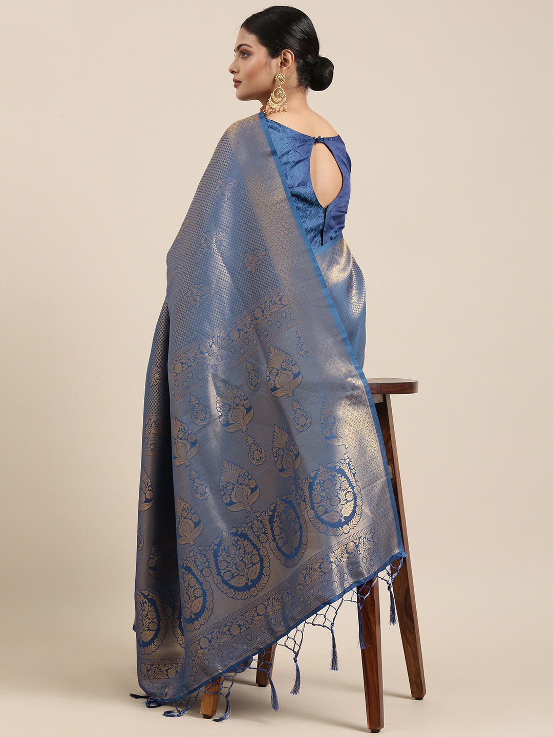 Saree Mall Navy Blue Ethnic Motifs Zari Silk Blend Banarasi Saree