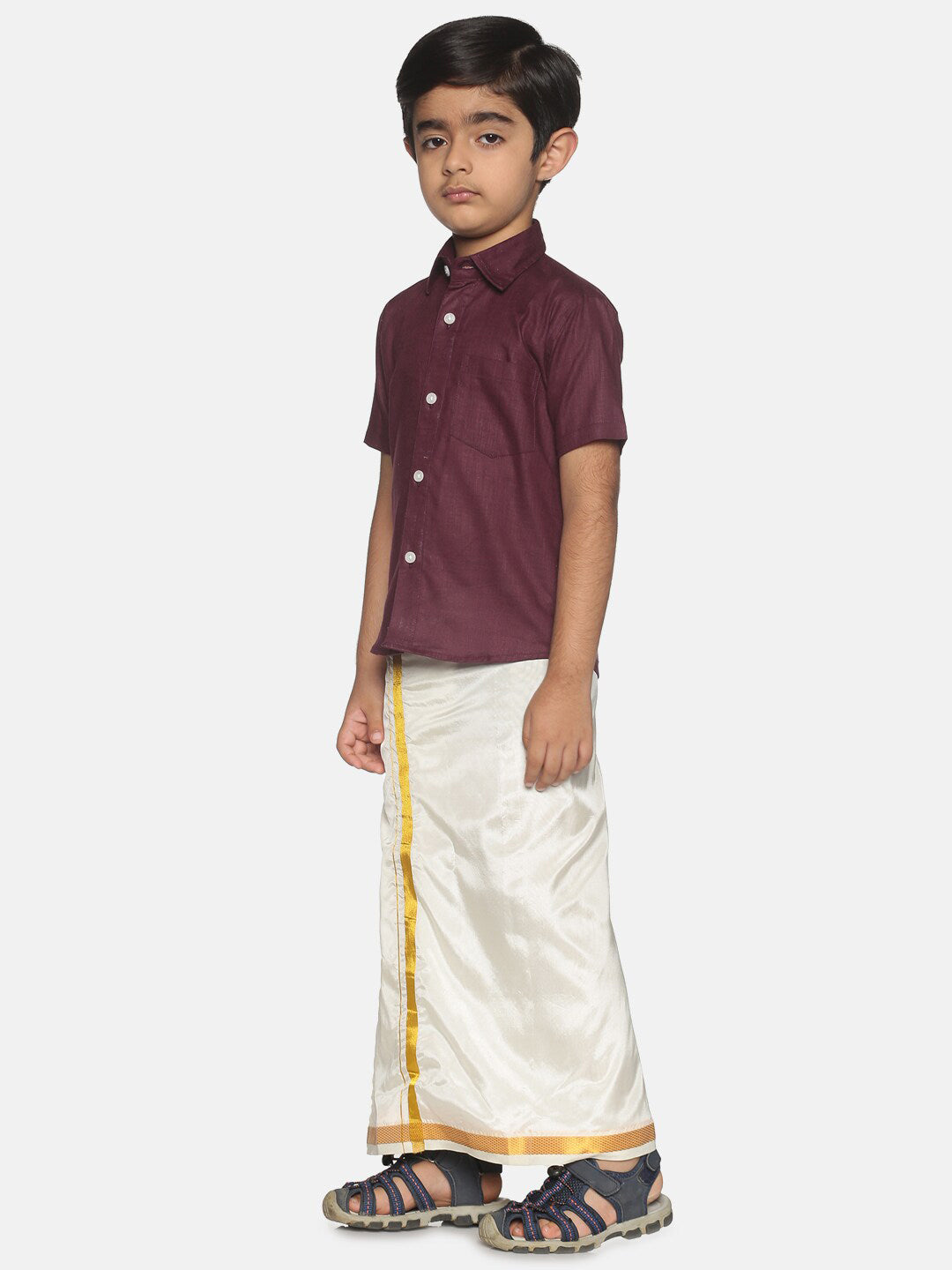 Sethukrishna Boys Maroon & White Pure Cotton Shirt with Dhoti