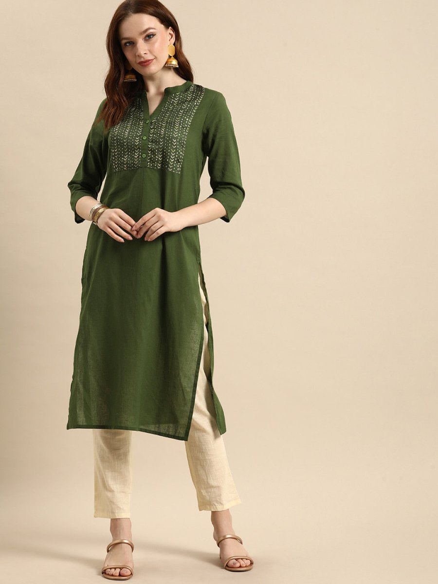 All About You Women Olive Green Geometric Yoke Design Pure Cotton Kurta