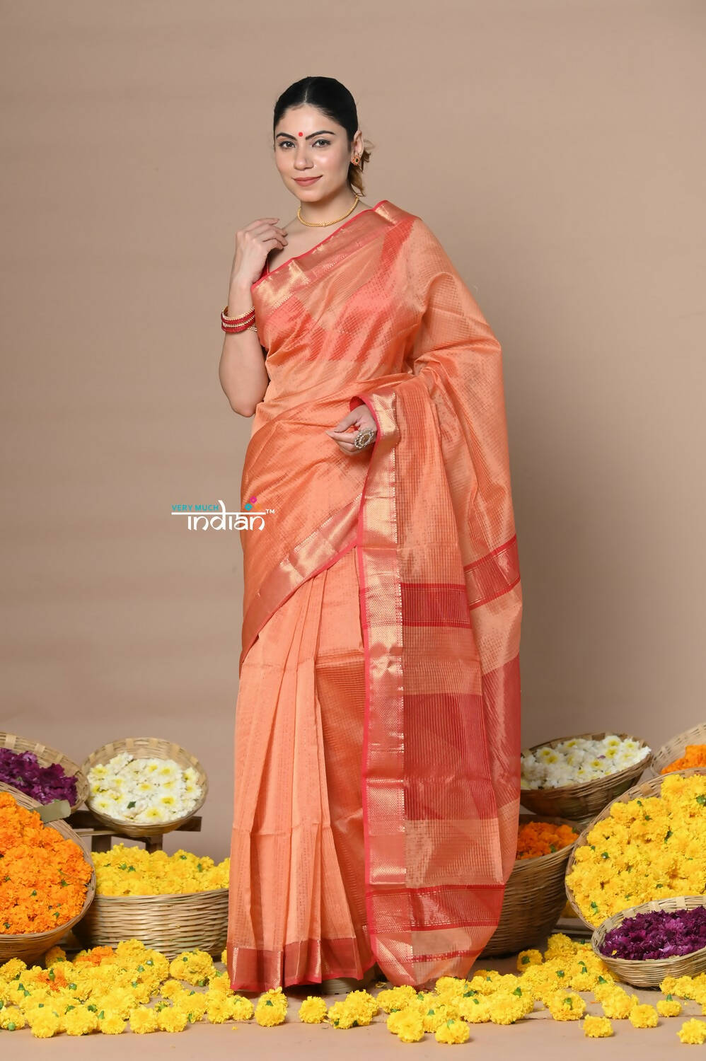 Very Much Indian Rajsi - Handloom Ari Checks Cotton Silk Saree With Golden Border - Orange