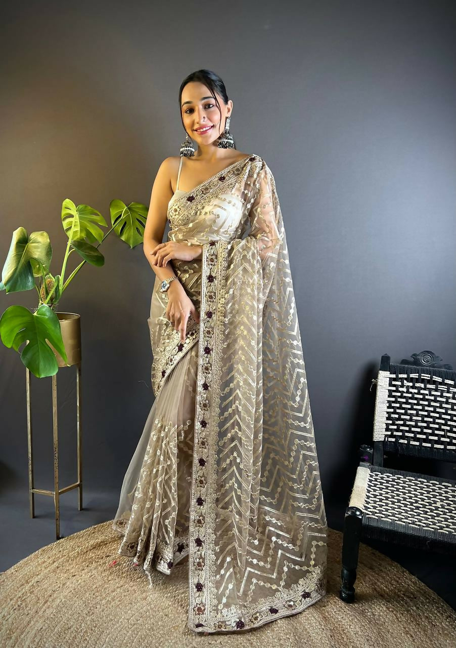 Vastranavya Butterfly Net Designer Chain Stitch Embroidery Work with Foil Thread & Stone Work Saree with Blouse Material - Beige