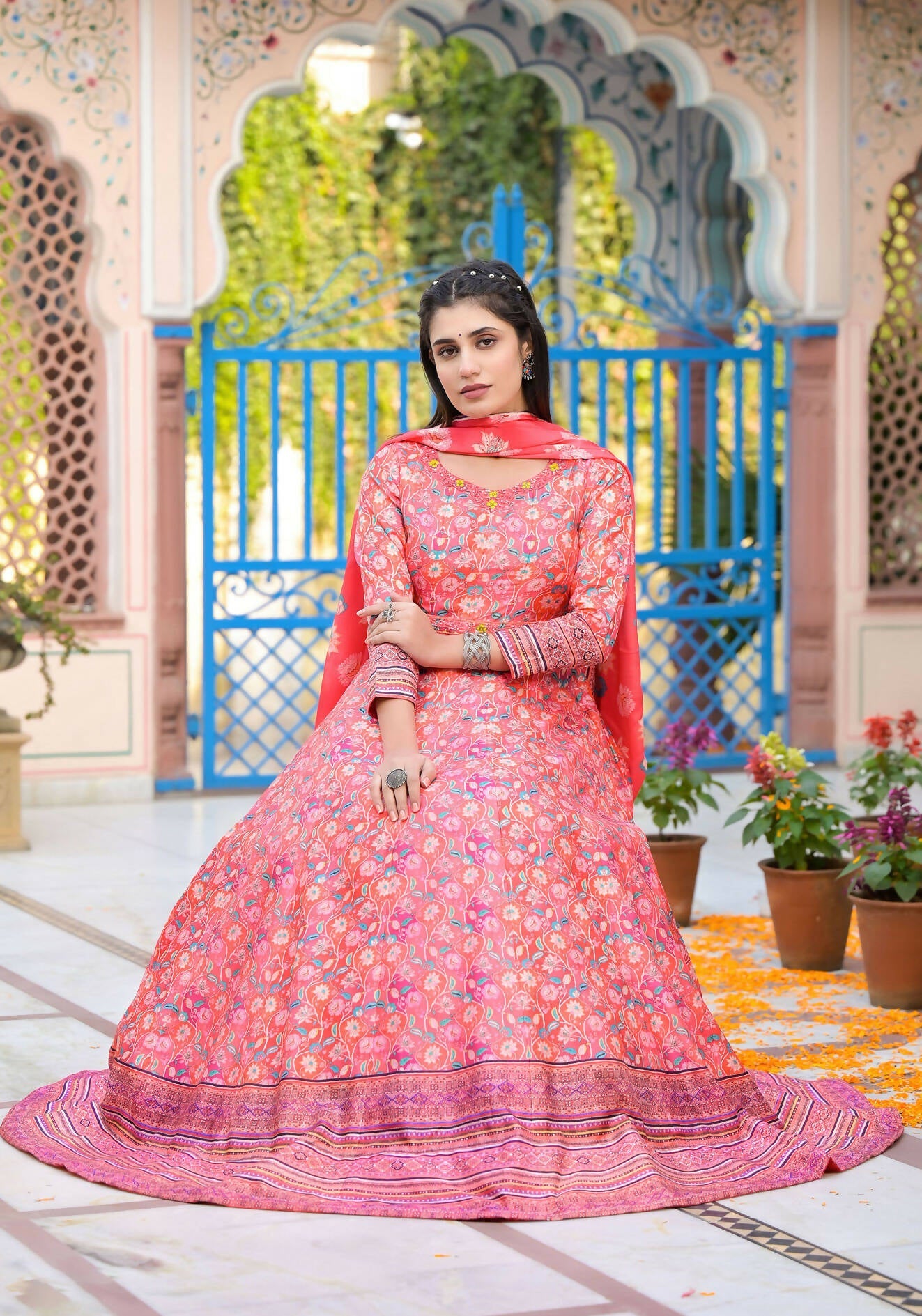 Functional Designer Red-Orange Dola Silk Anarkali suit with Dupatta - Ramya
