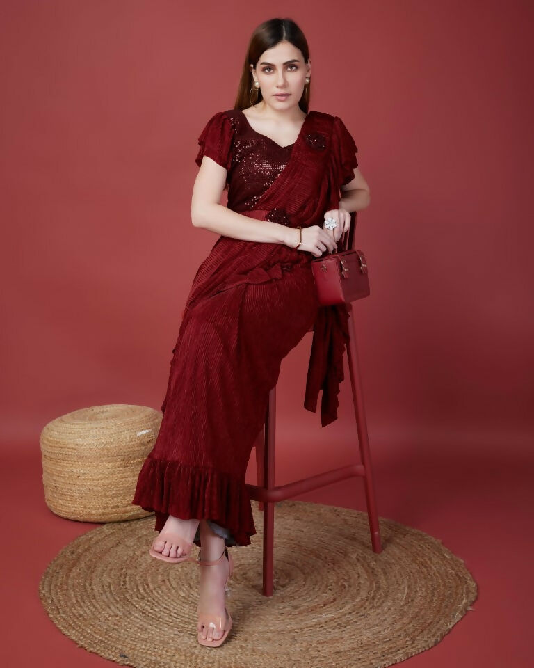Maroon Imported Crush Solid Ready to Wear Saree with stitched Blouse - Aayan