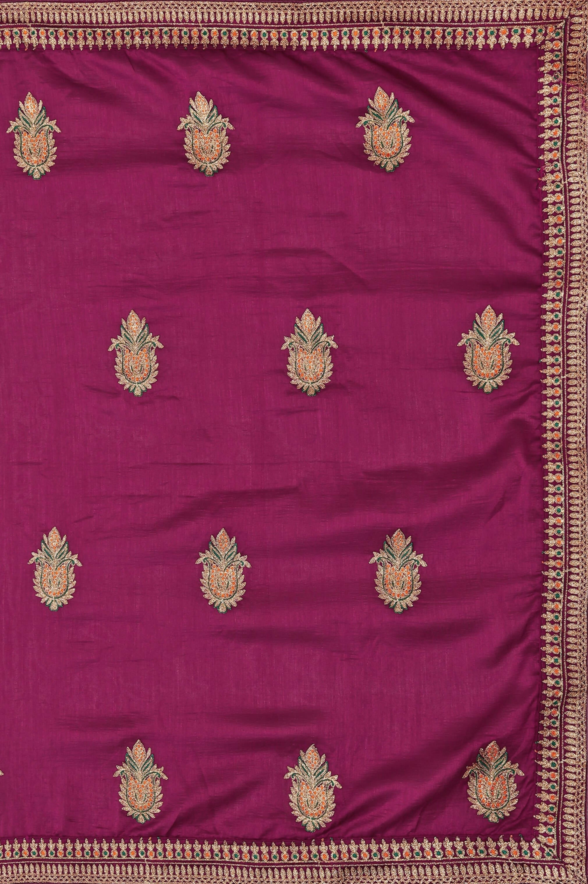 Wine Chinon Embroidered Saree with Unstitched Blouse Piece - Roozal
