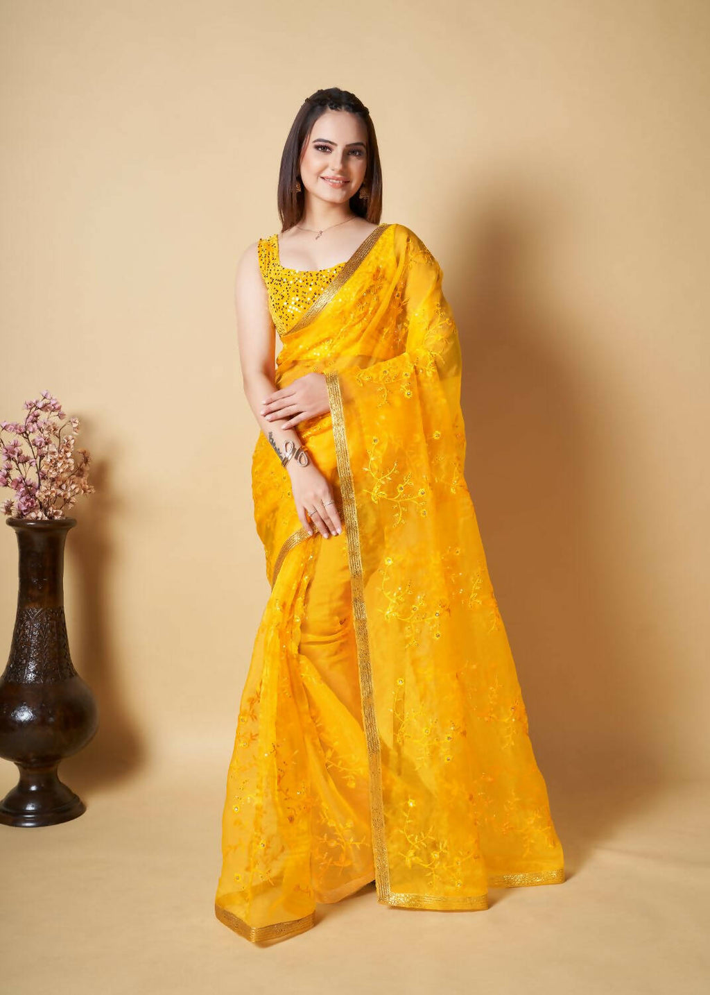 Vamsee Yellow Organza Saree