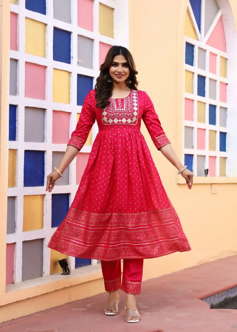 Alvano Women's A-line Naira Cut Embroidery work Print Kurti with Pant and Dupatta set Rayon (Red)