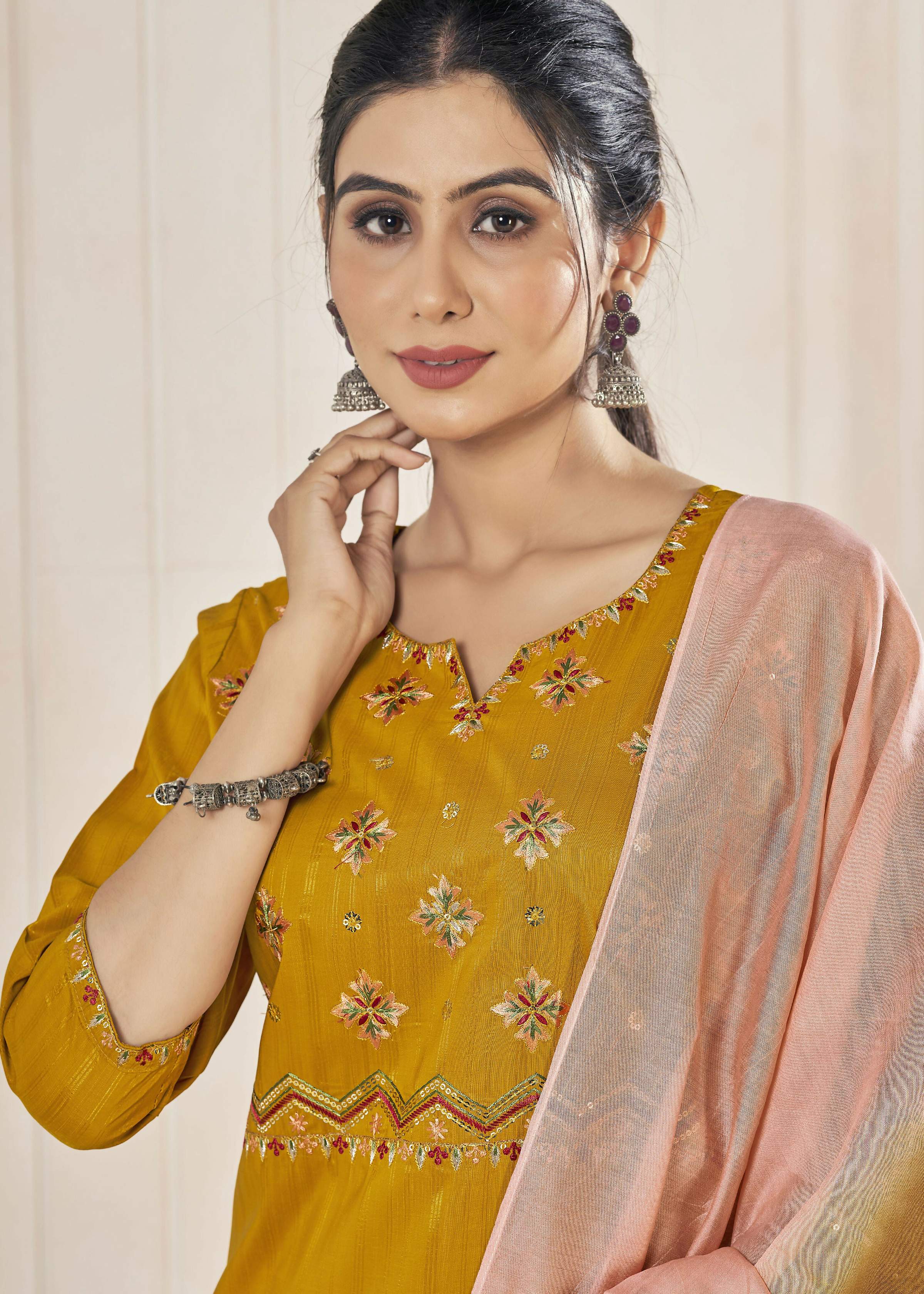 Jyoti Fashion Women's Mustard Pure Viscose Weaving Stripe with Embroidery Kurta Set