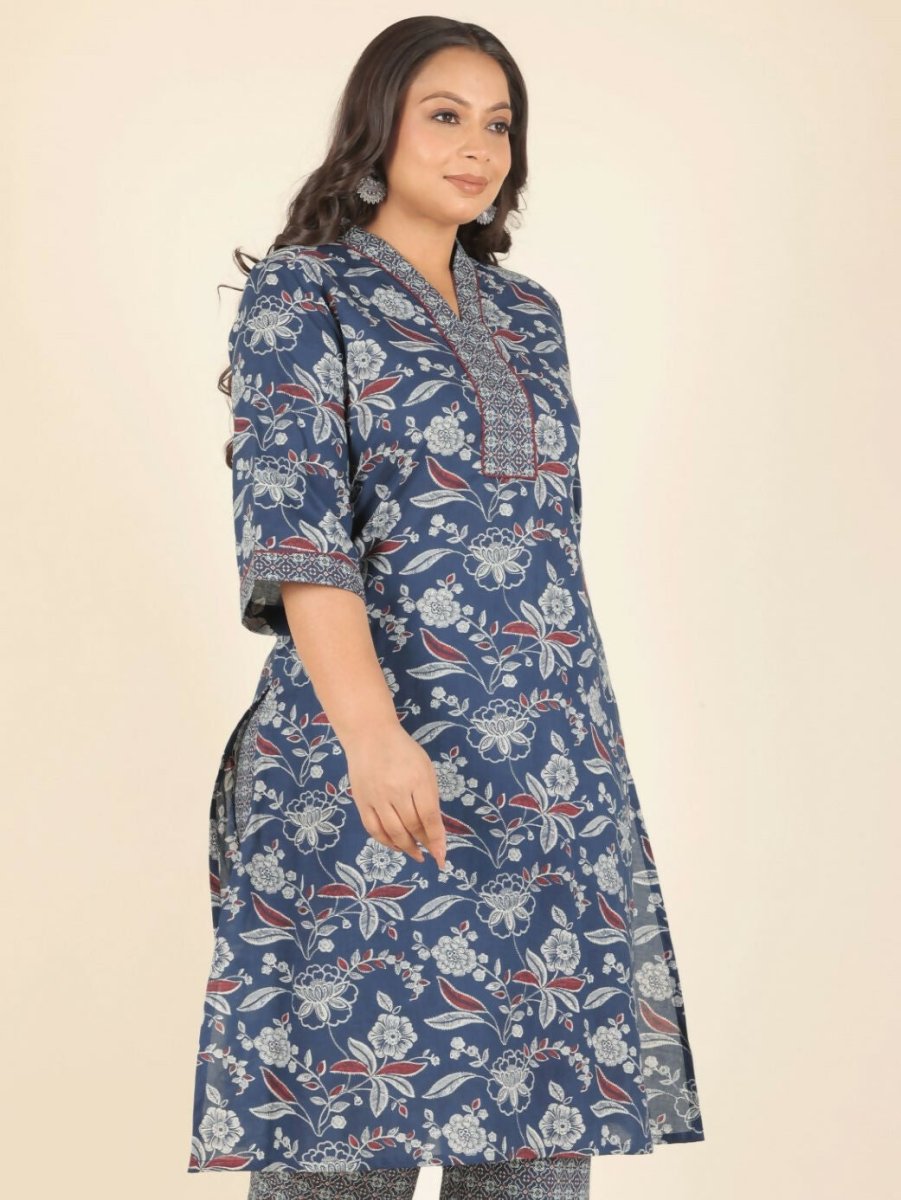 Aramya Blue Soft Cotton Floral Straight Kurta for Women