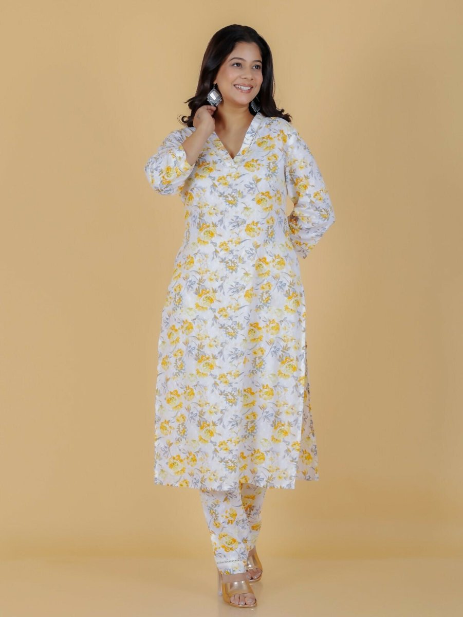 Aramya Yellow Soft Cotton Floral Straight Kurta for Women
