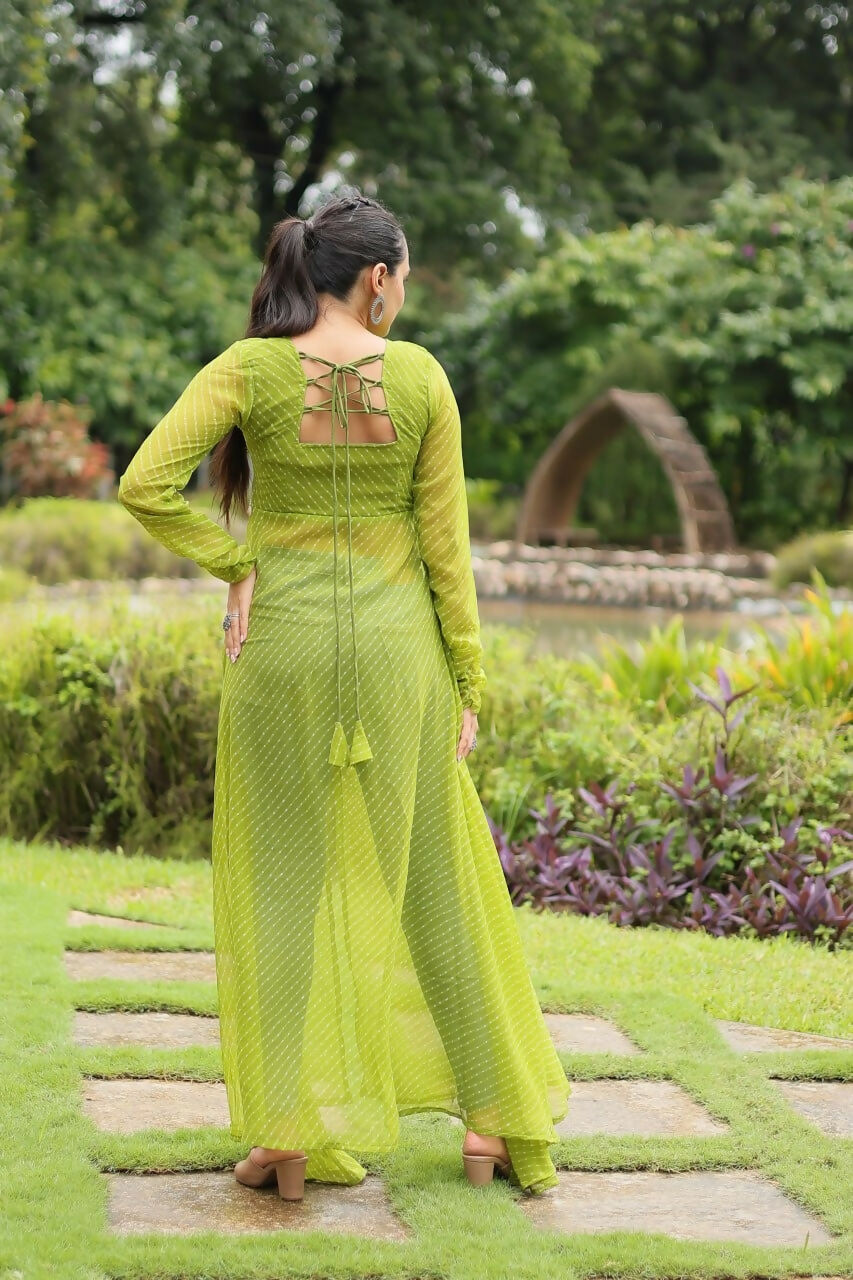Vastranavya Parrot Green Navratri Special Kutchi Patch Work with Leheriya Printed Kurti