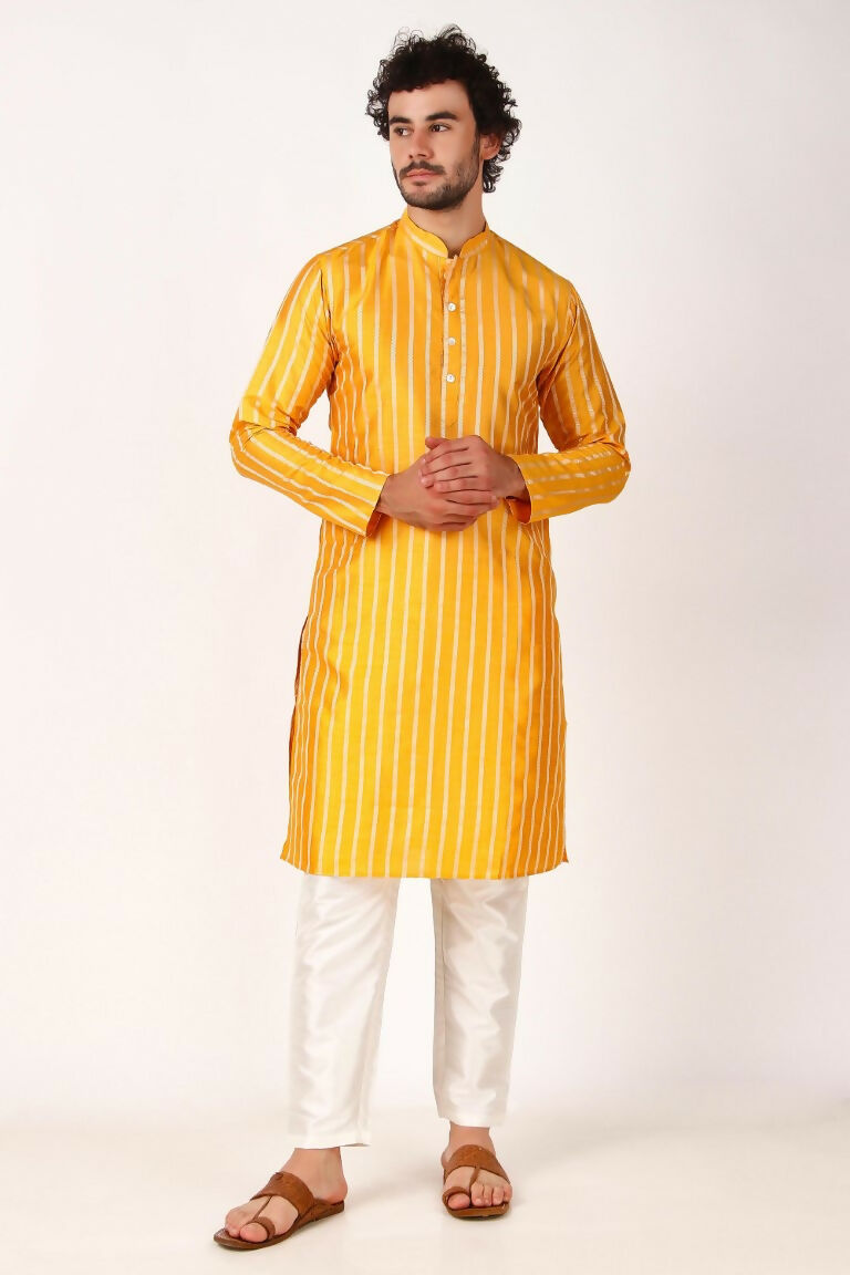 Yellow Art Silk Woven Designer Men's Rajwadi Kurta Set - Mahotsav