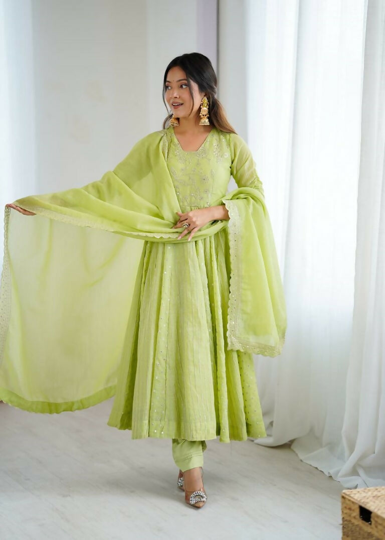 Teeya Creation Pista Green Color Heavy Crunchy Silk Embroidery Work Gown