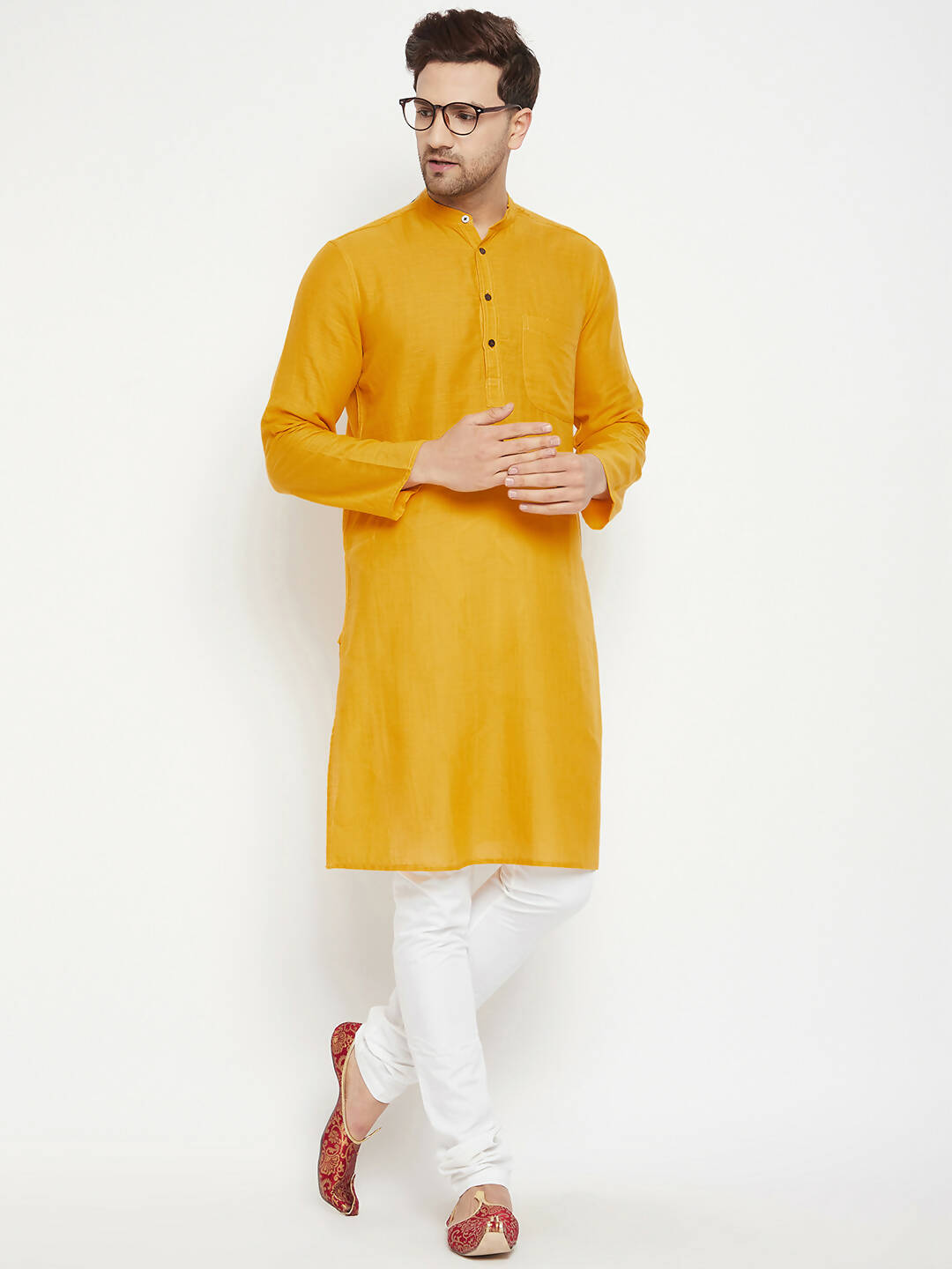 Even Apparels Yellow Pure Cotton Long Men's Kurta With Band Collar