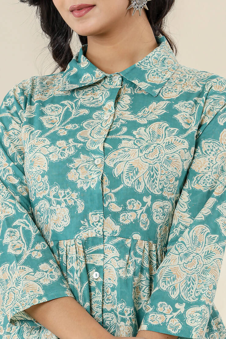 Kaajh Women's Turqouise Gold Print Cotton Co-ord Set