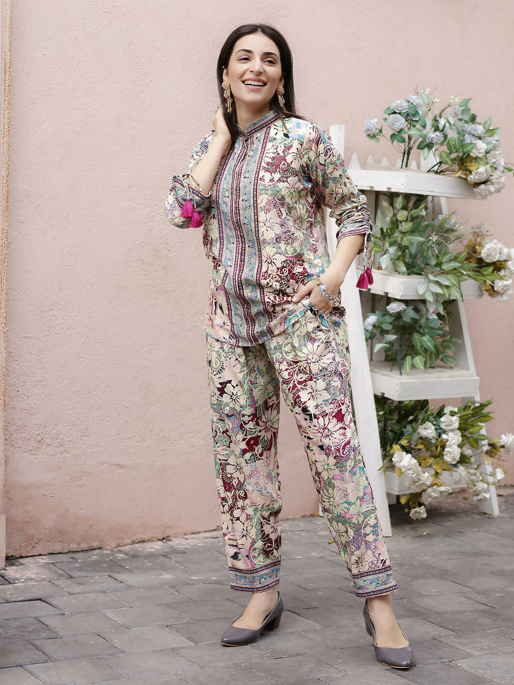 Cream Rayon Floral Printed Top with Matching Bottom - Eesha