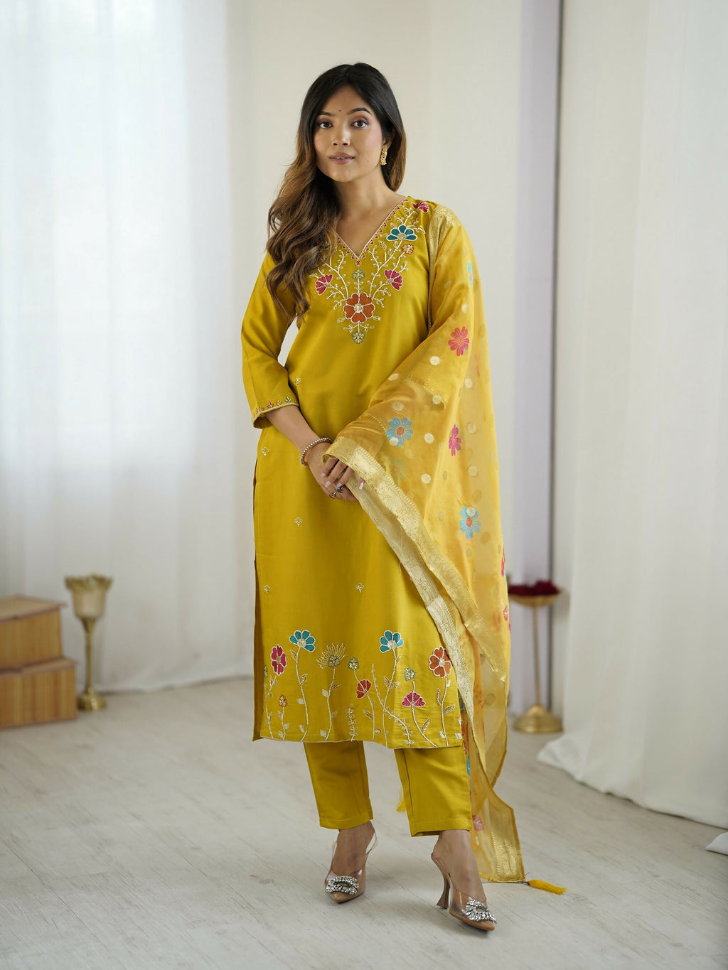 The52 Yellow Women's Gorgeous Embroidered work Viscose Gadhwal Fabric Straight Kurta, Pant and Dupatta Set