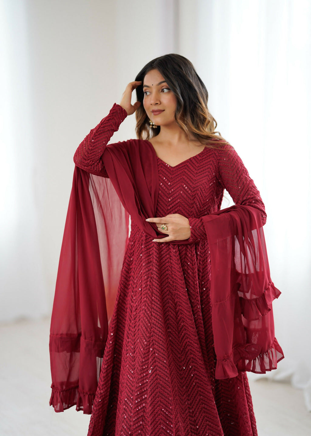 Joban Fashion Maroon Kurta Set Georgette Sequence Embroidery Work