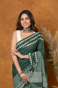 Very Much Indian Handblock Printed Cotton Saree With Natural Dyes - Leaf Green