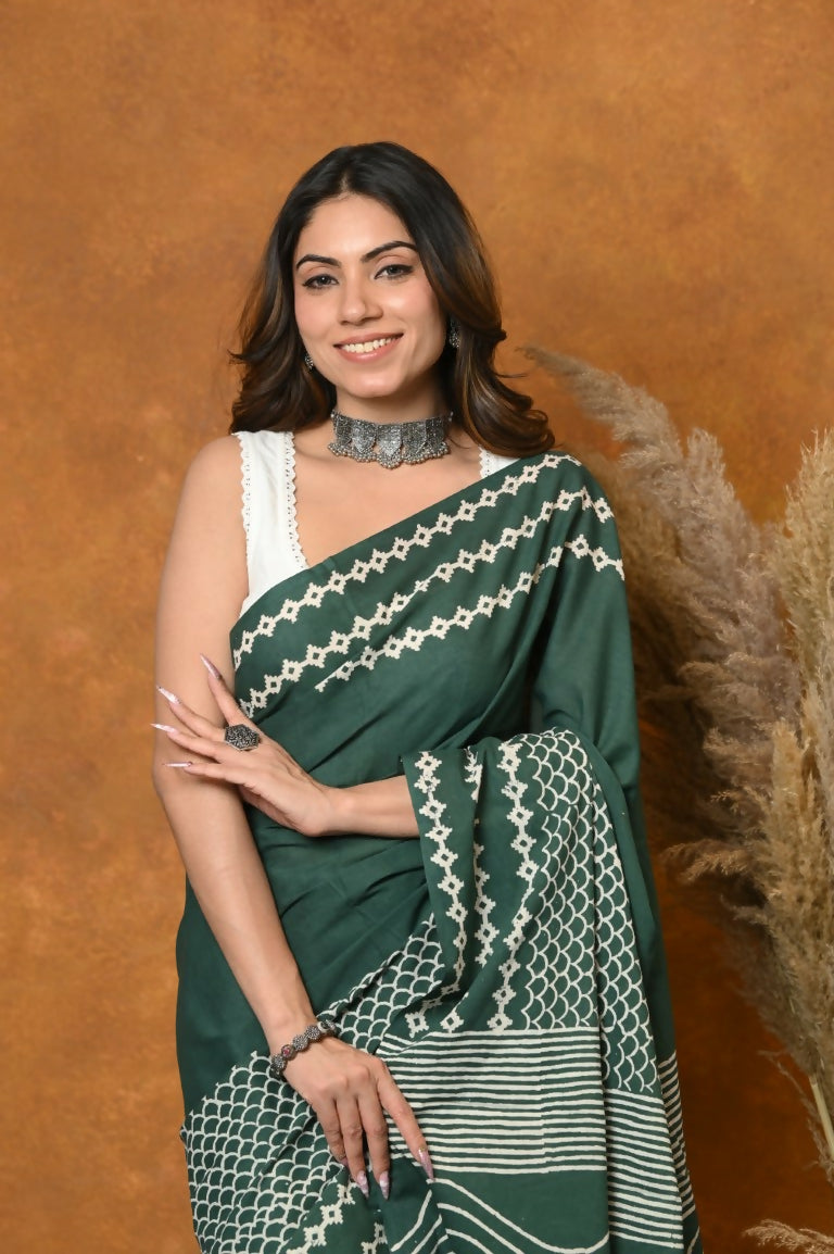 Very Much Indian Handblock Printed Cotton Saree With Natural Dyes - Leaf Green