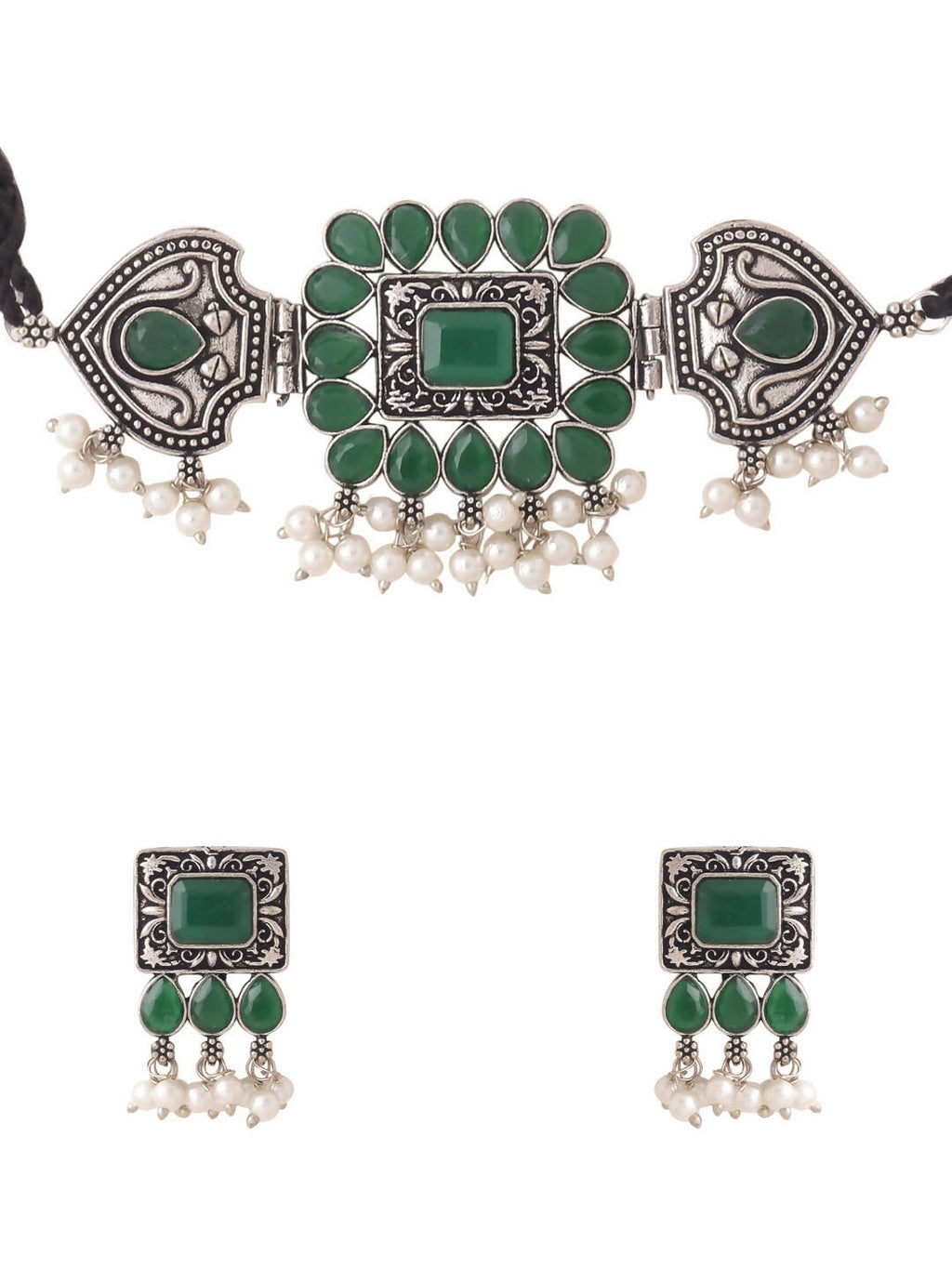 NVR Women's Oxidised Silver Plated Green Color Stone Jewellery Set With Earrings