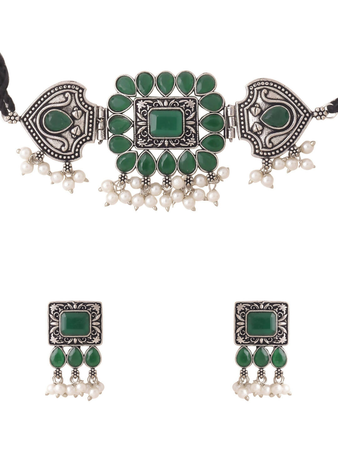 NVR Women's Oxidised Silver Plated Green Color Stone Jewellery Set With Earrings