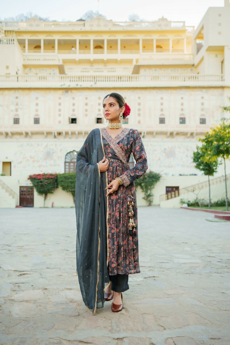 Vaasva Black Chinon Floral Embroidered Angrakha, Pant & Dupatta set