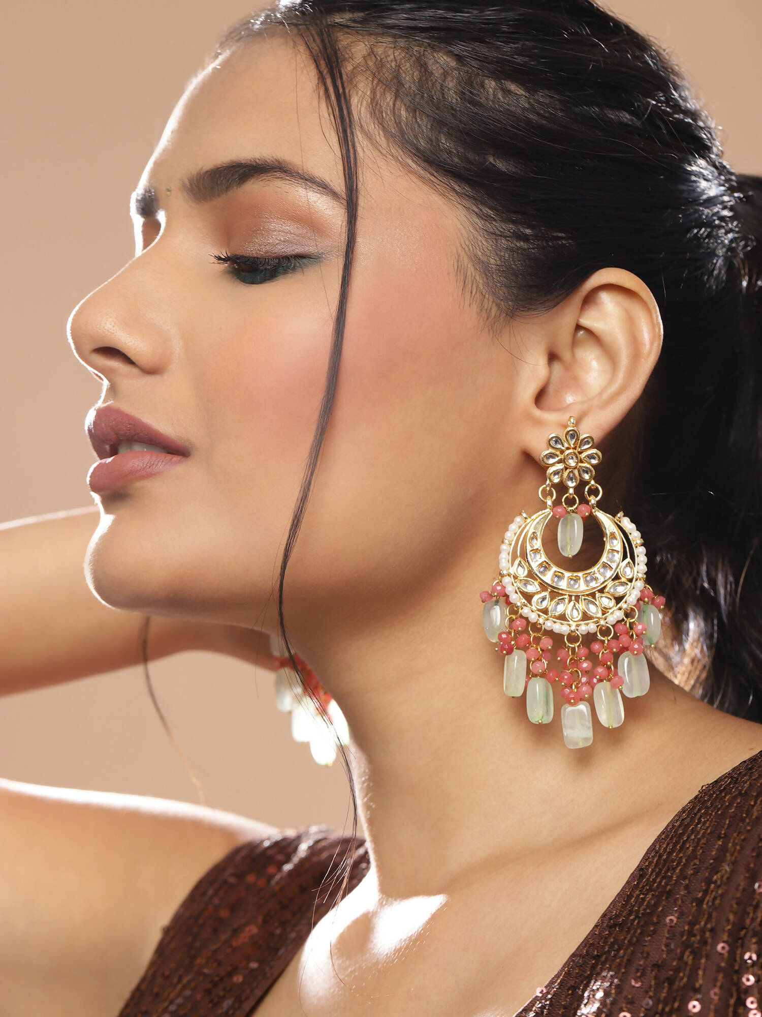 Gold-Toned Red Contemporary Gold-Polished Chandbalis Earrings - Ruby Raang