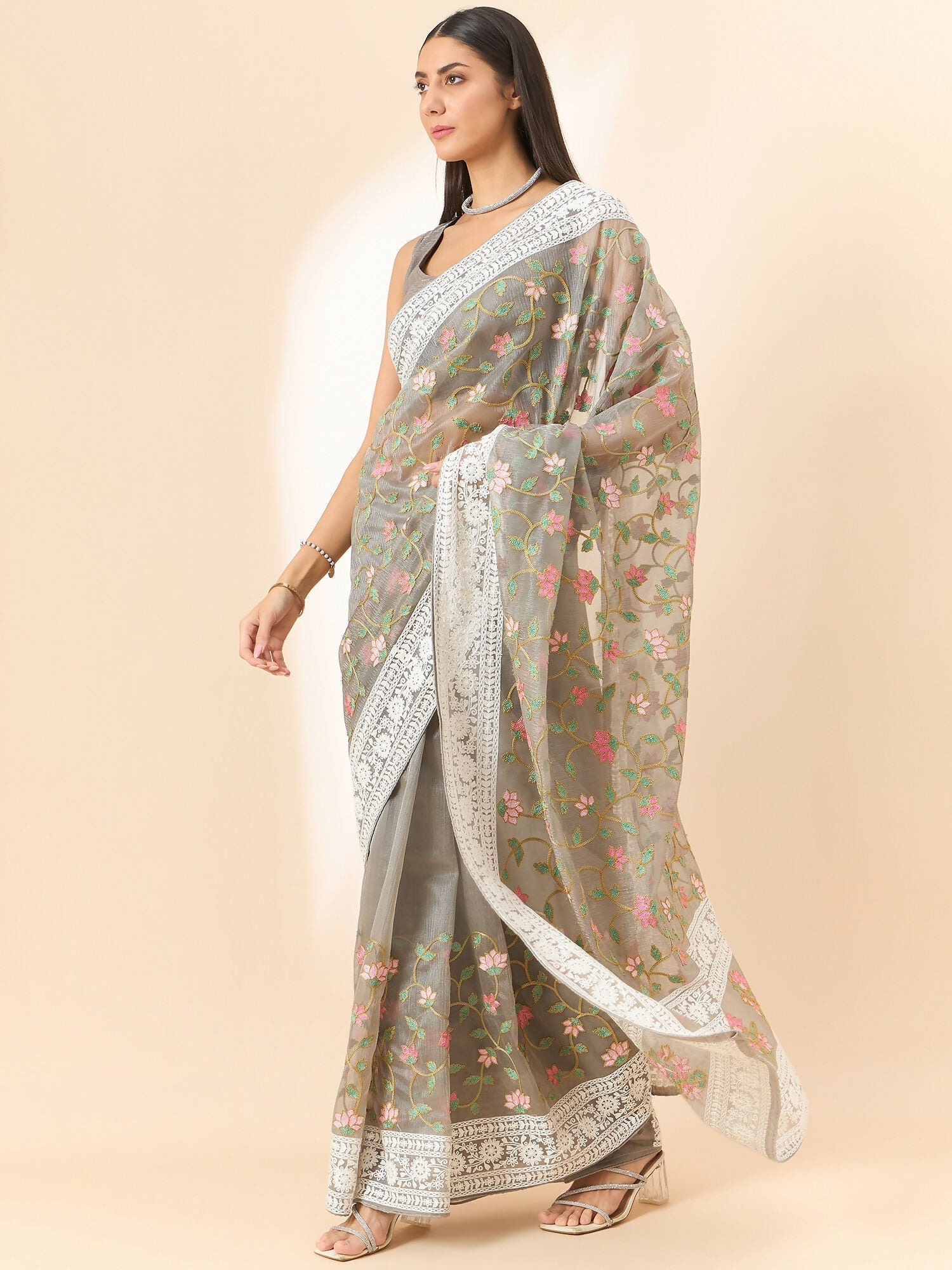 Grey Organza Floral Embroidered Saree with Unstitched Blouse Piece - Roozal