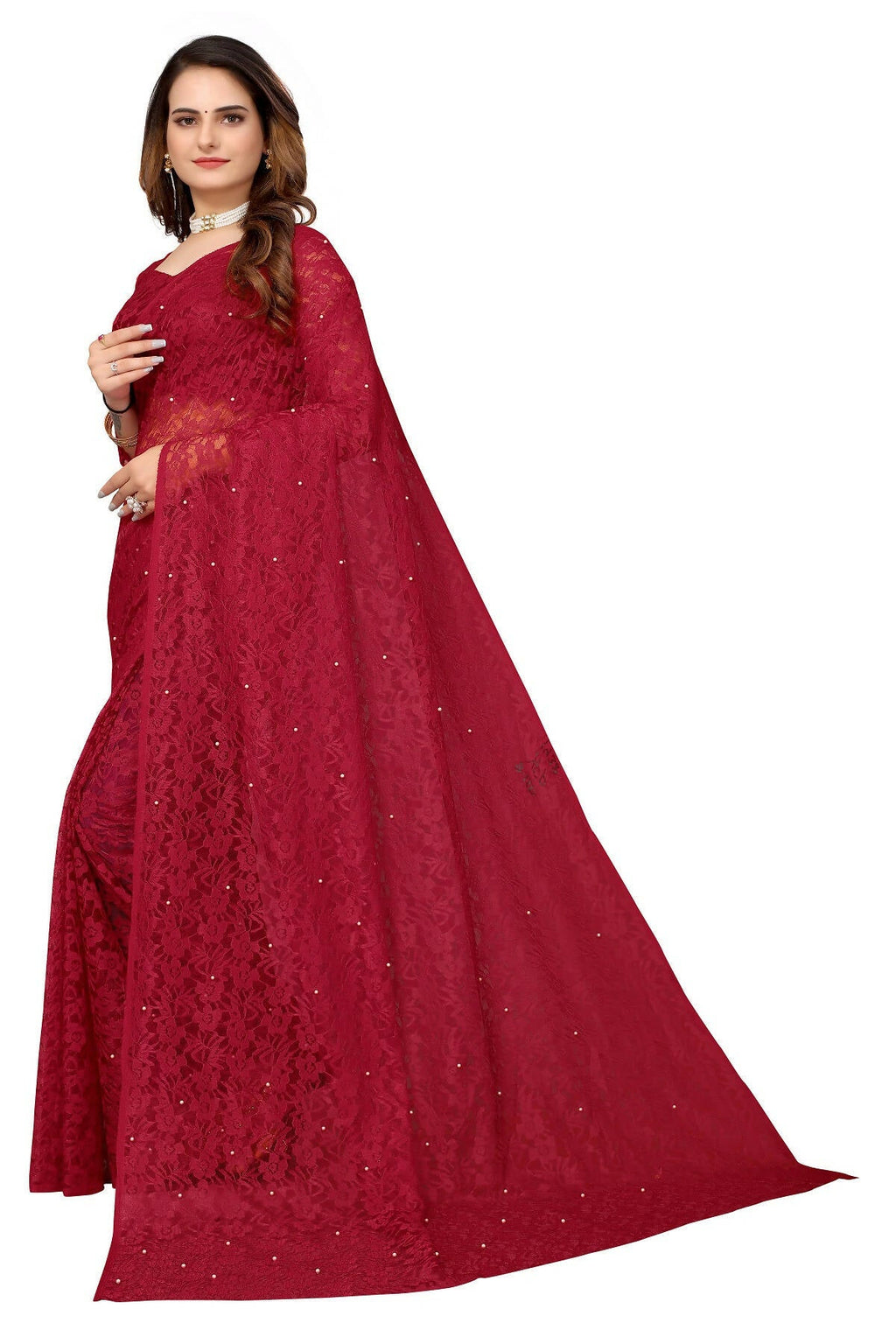 Vamika Maroon Pearls Net Saree