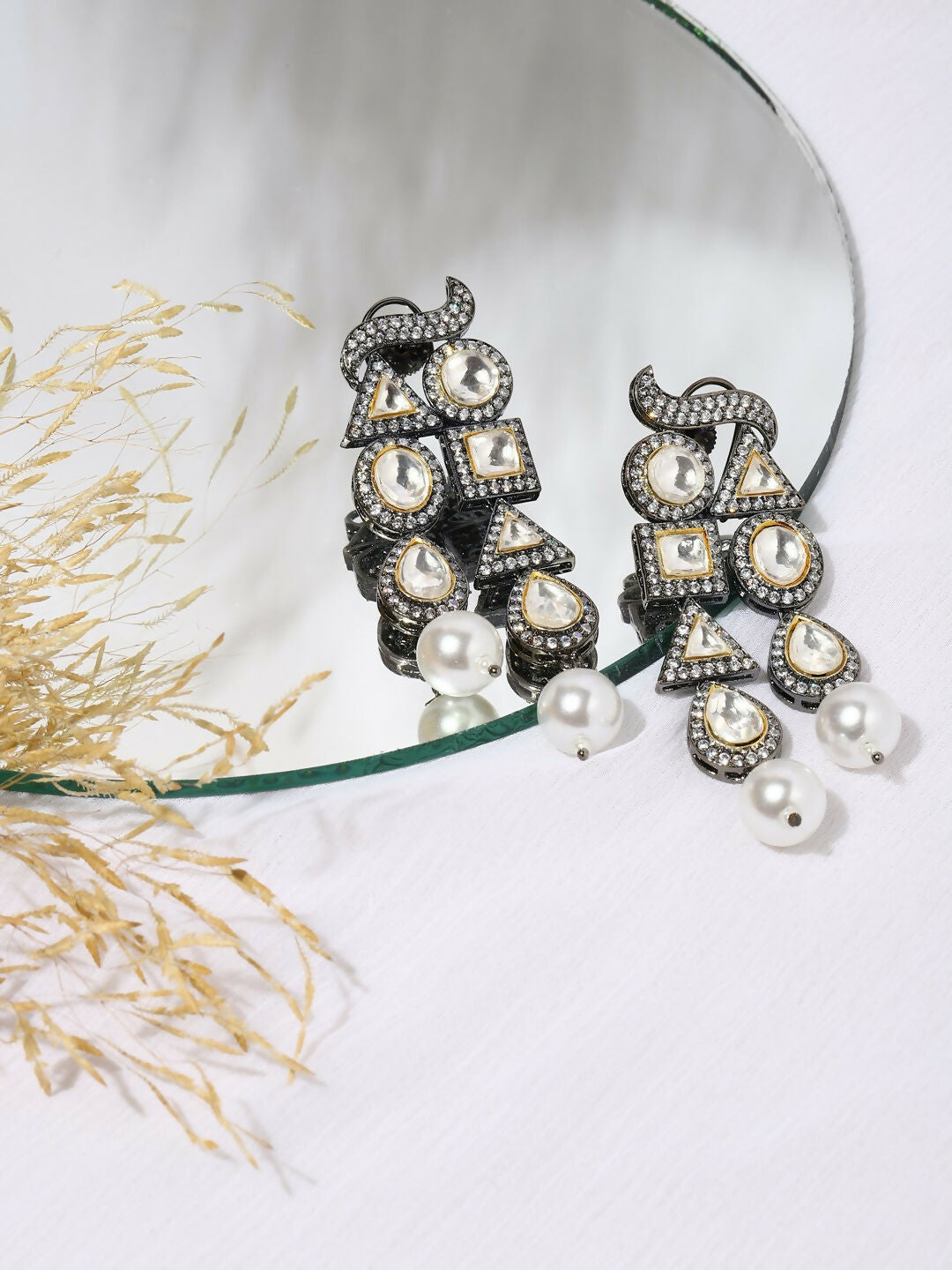 Long Zircon Pearl Danglers- Ruby Raang