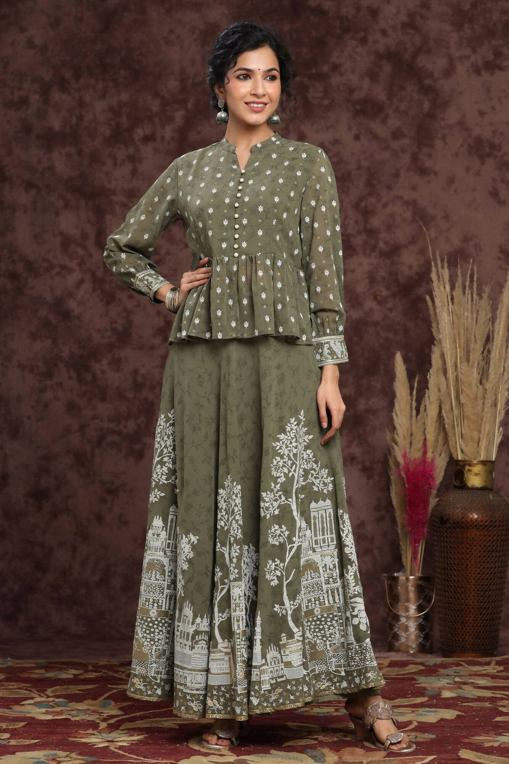 Juniper Women Olive Georgette Printed Flared Lehenga Choli Sets