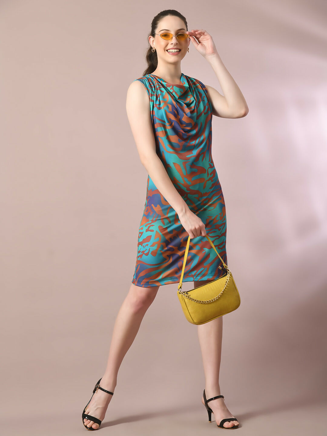 Myshka Women's Multi Printed Cowl Neck Bodycon Party Dress