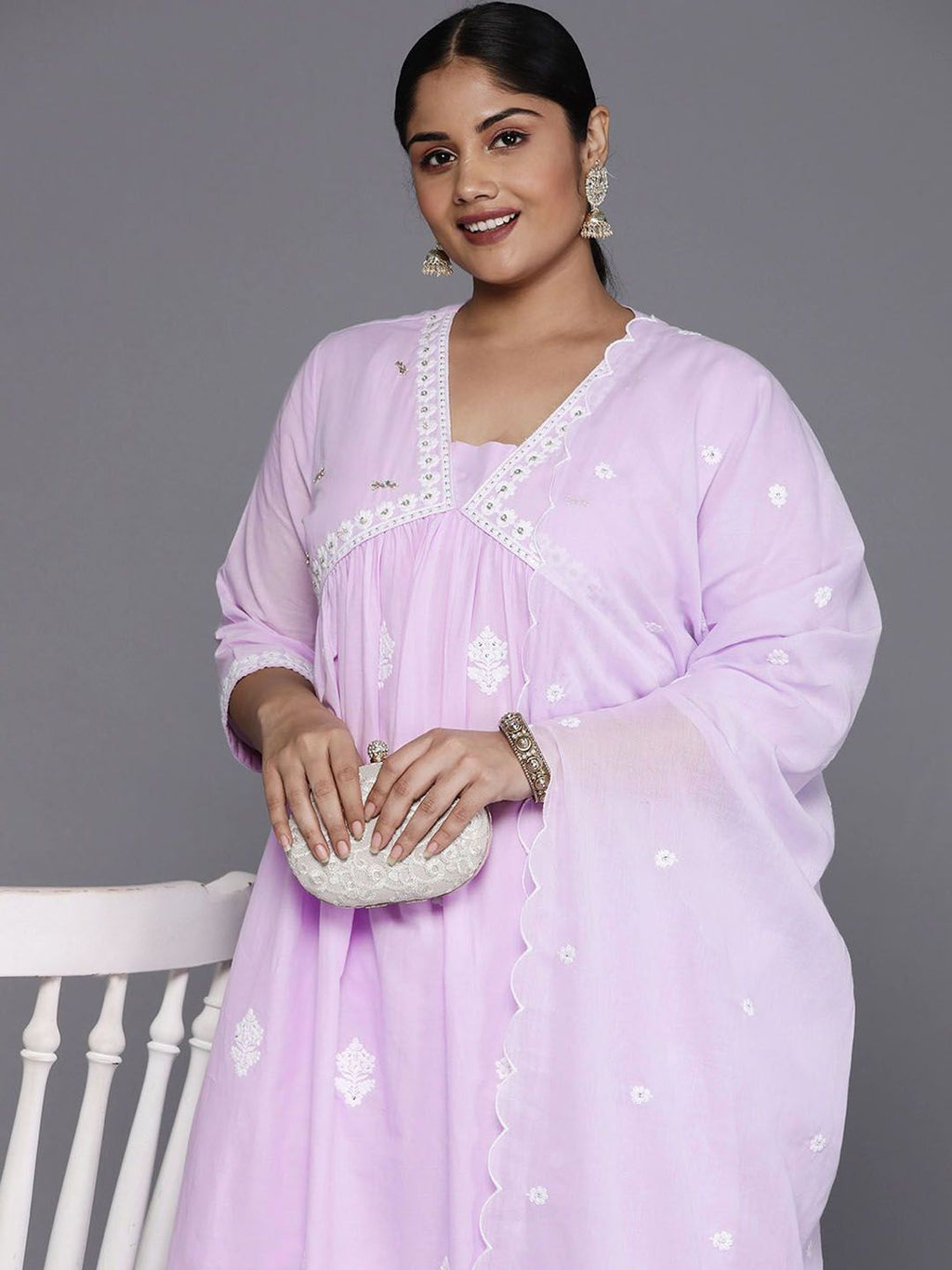 Sztori Plus Size Floral Embroidered Pure Cotton Anarkali Kurta & Trousers With Dupatta