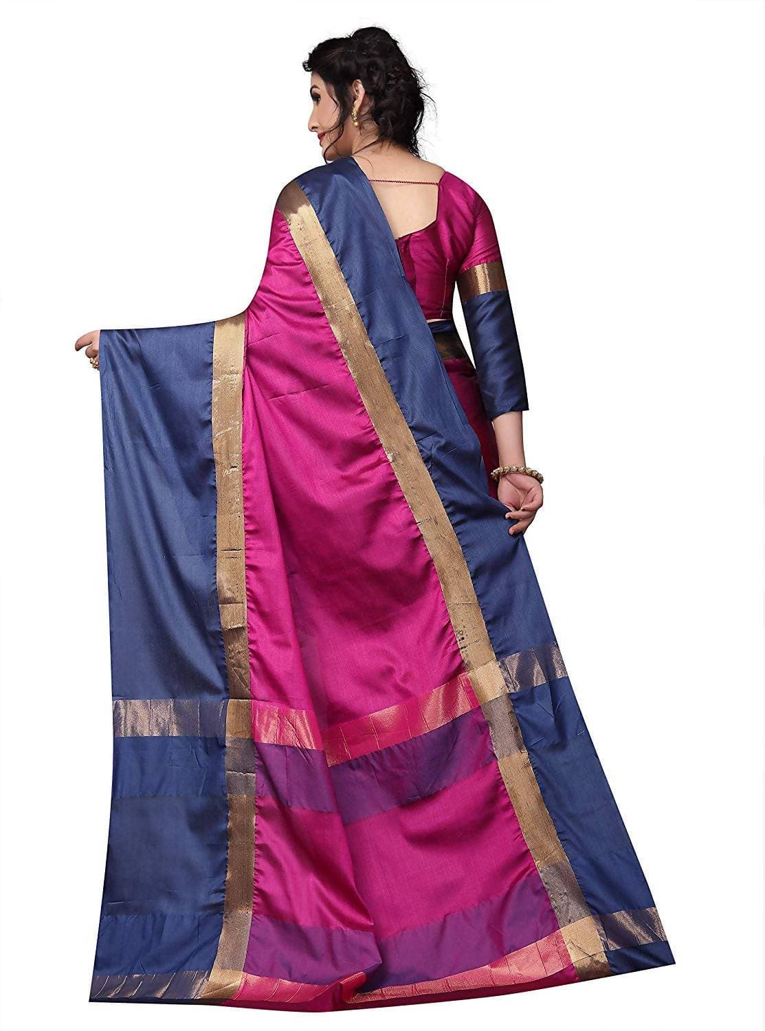Vamika Pink and Navy Blue Cotton Silk Weaving Saree (Shreeji Pink Blue)