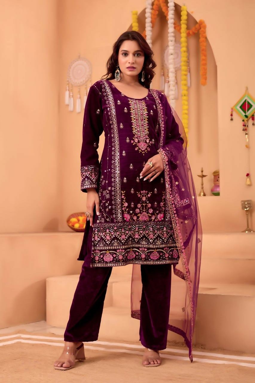 Teeya Creation Purple Color Velvet Embroidery Work Wedding Wear Salwar Suit