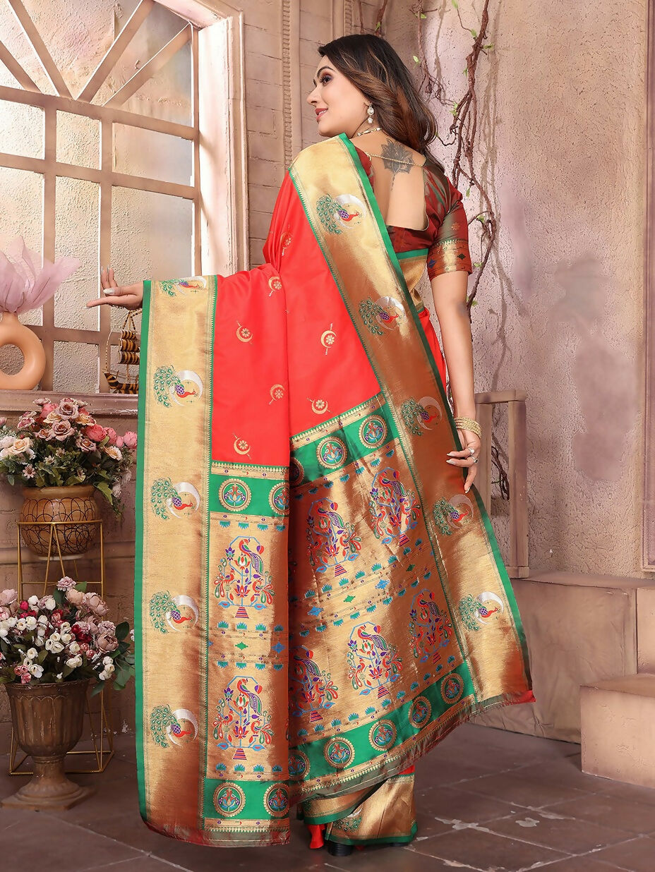 Joban Fashion Paithani Red Woven Soft Silk Saree